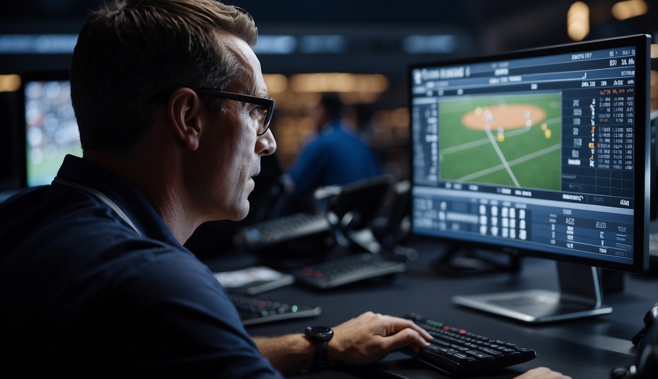 A coach studies a digital display of player statistics and game footage, while a computer program generates strategic plays based on data analysis