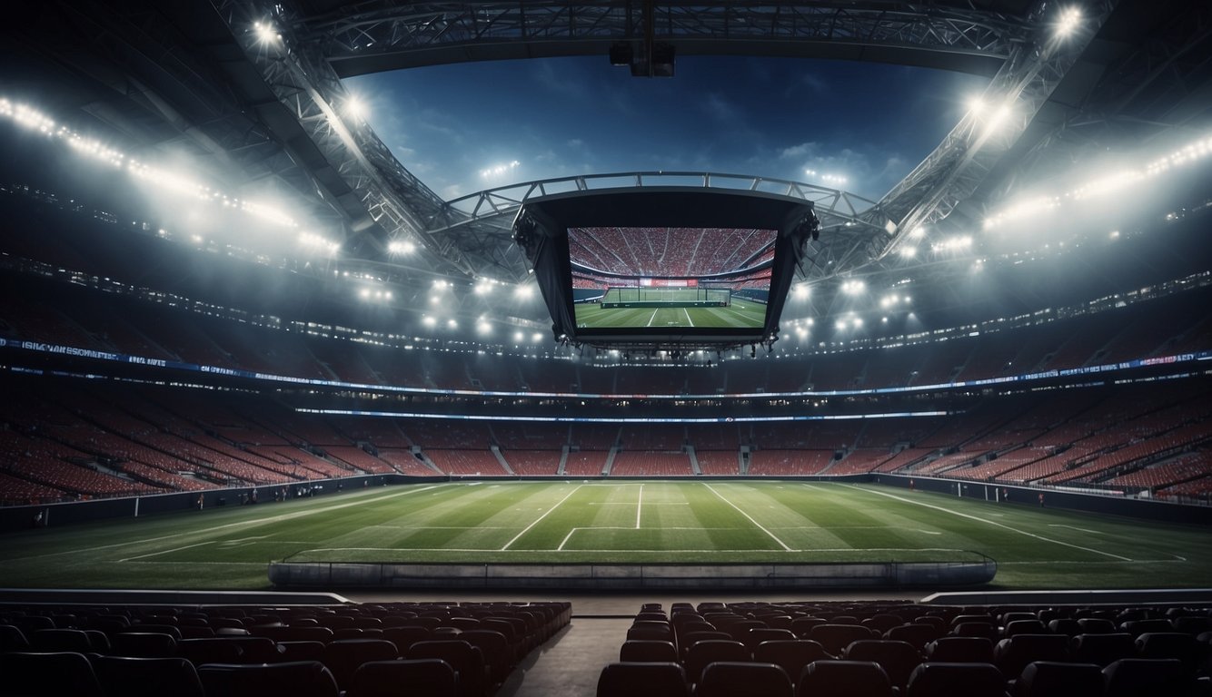 A sports stadium with digital screens displaying real-time data analytics and technology tools used by professional athletes and coaches