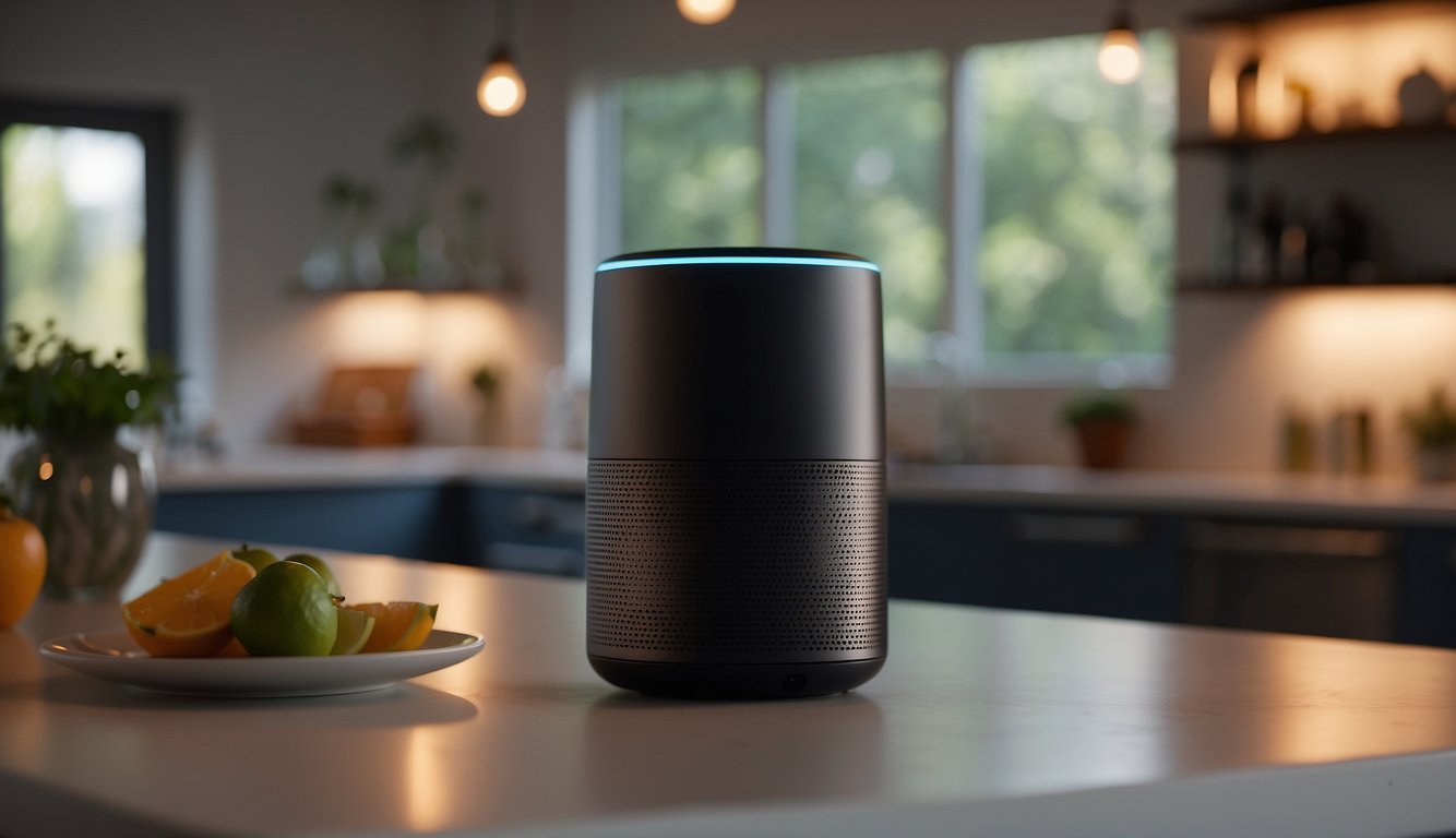 A smart speaker sits on a kitchen counter, responding to a voice command. Lights dim and music plays as the device controls the home environment