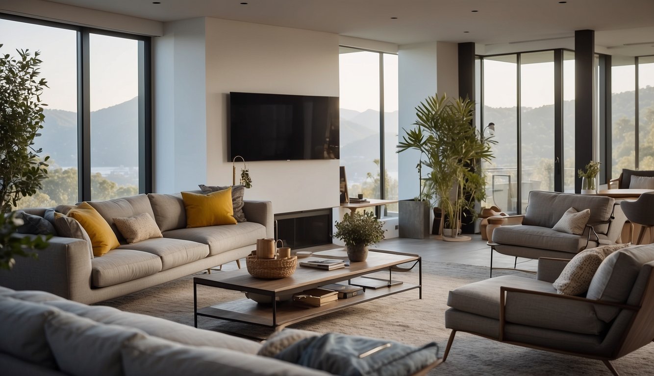 A modern living room with voice-activated devices seamlessly integrated into the decor, creating a sense of convenience and trust for the user