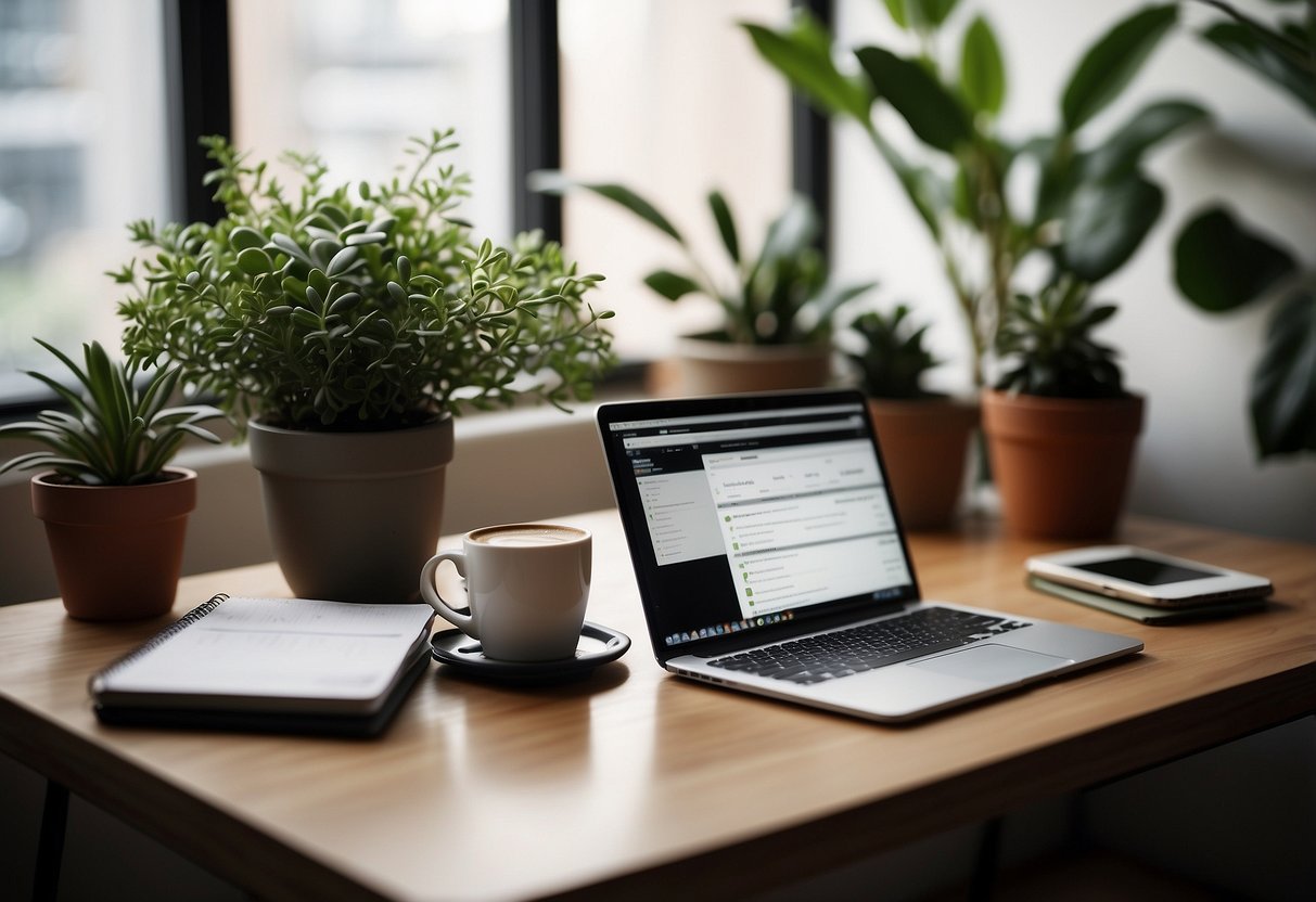 A cozy home office with a laptop, a cup of coffee, a notepad, and a potted plant on a desk, surrounded by a peaceful and organized workspace