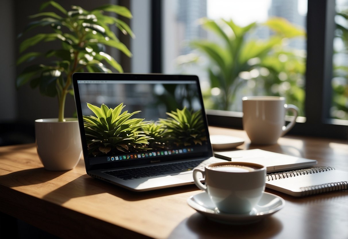 A laptop on a desk with a notepad and pen, a plant, and a cup of coffee. A window in the background shows a sunny day