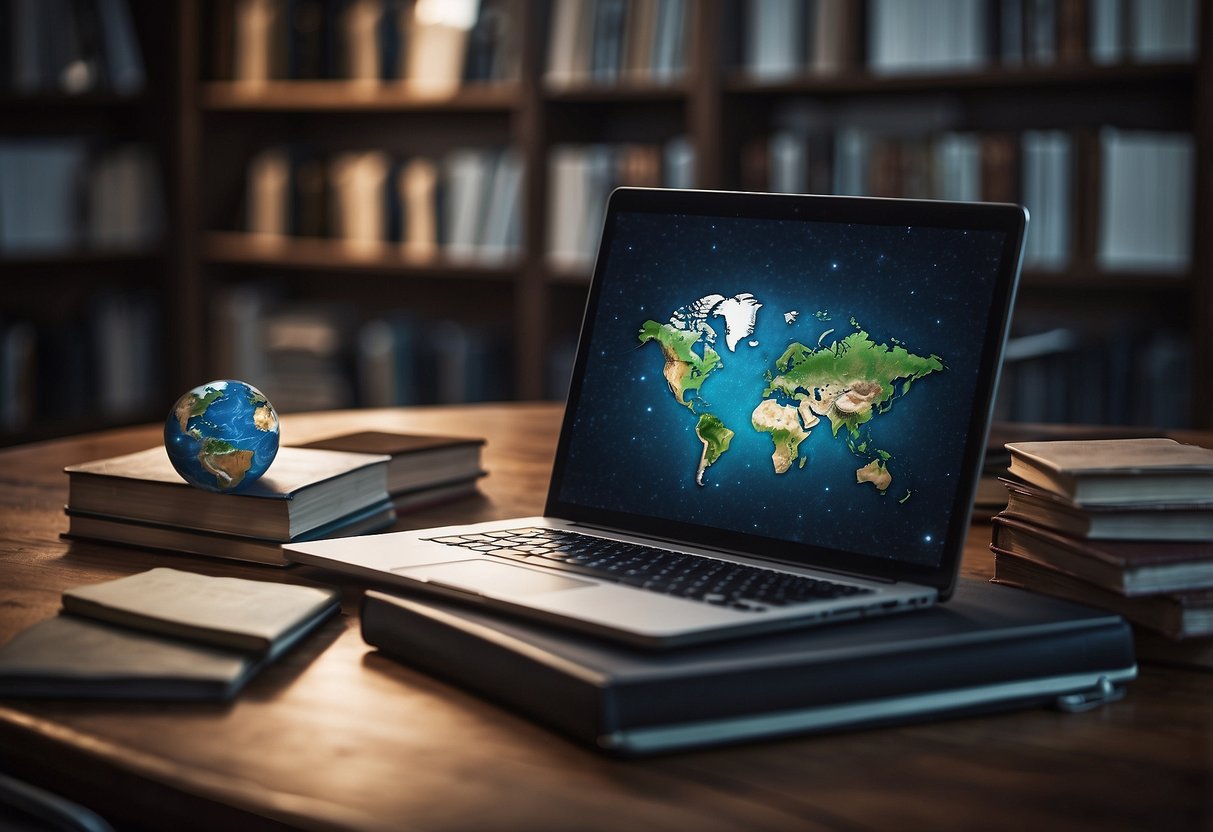 A laptop surrounded by various digital devices, with a globe and a stack of books nearby, symbolizing knowledge and global reach