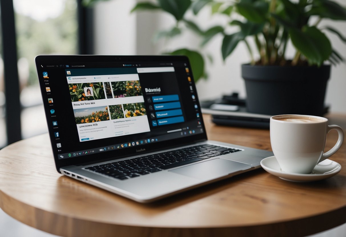 A laptop with a LinkedIn profile open, surrounded by a cozy remote work setup with a cup of coffee, plants, and a notebook