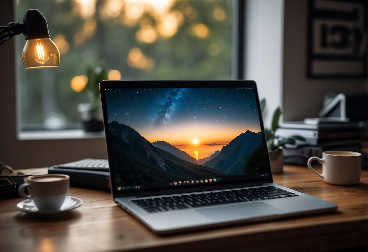 A bright laptop screen with various icons and tabs open, surrounded by a cozy home office setup with a desk, chair, and a cup of coffee