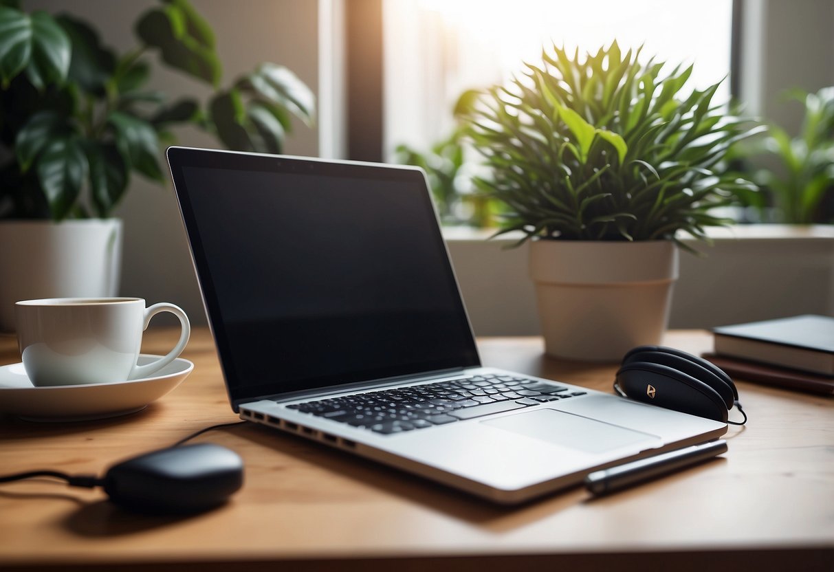 A desk with a laptop, headphones, and notepad. A cozy home office setting with natural light and a plant in the background