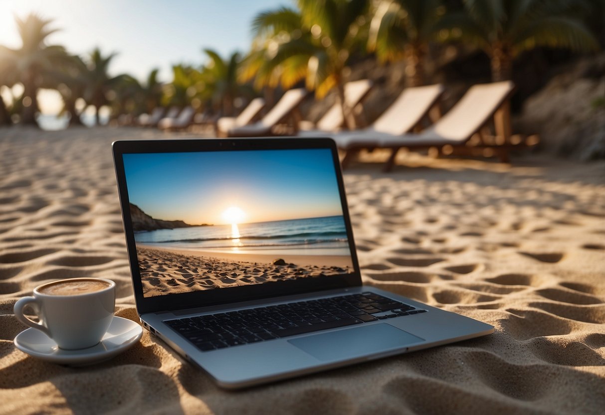 A laptop on a beach, surrounded by different work environments (office, home, cafe), symbolizing flexibility and adaptability in remote work