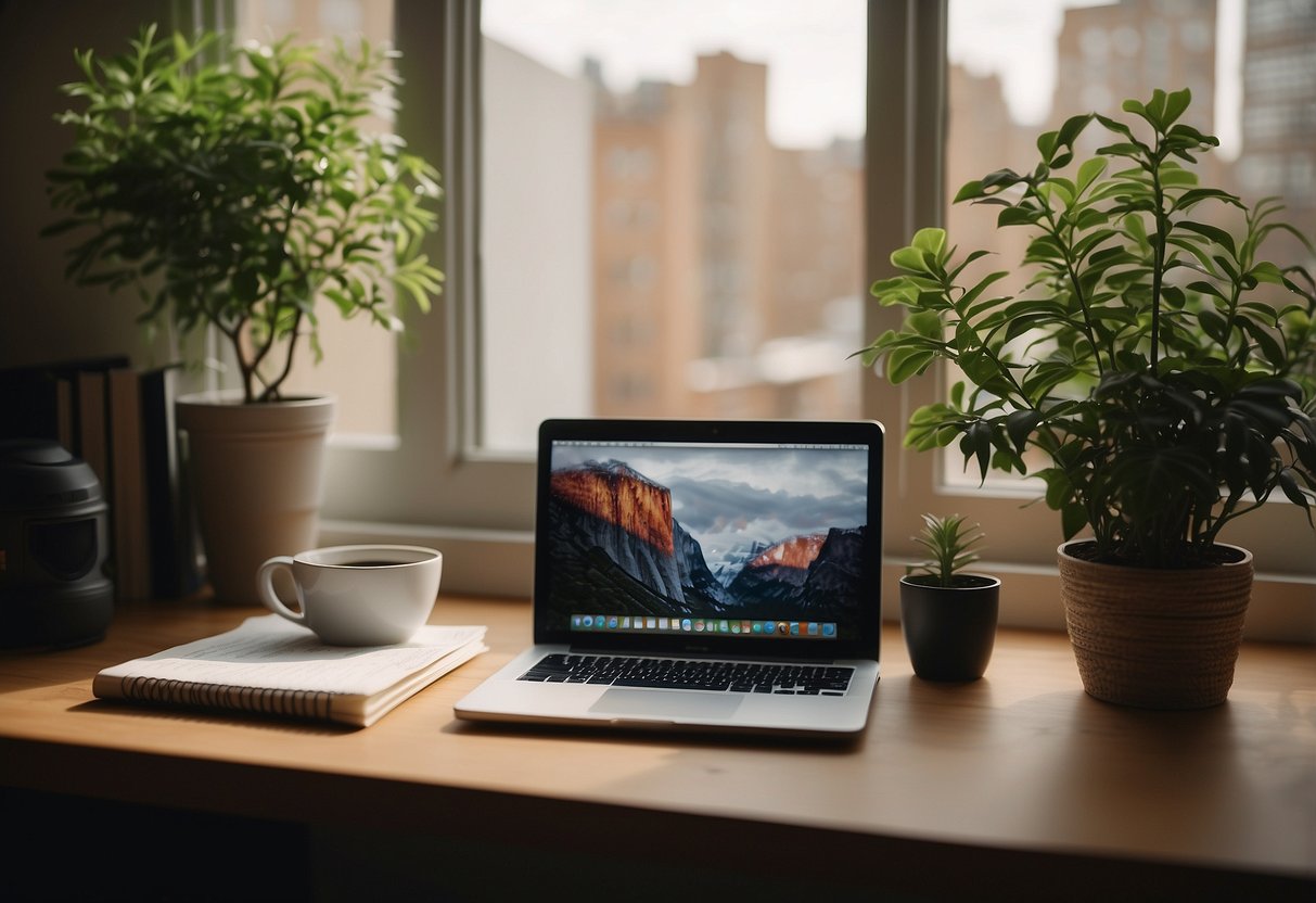 A cozy home office with a laptop, notepad, and pen on a desk. A window lets in natural light, and a potted plant adds a touch of greenery