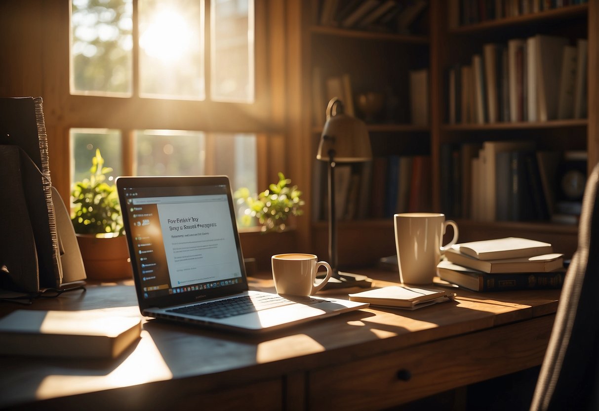 A cozy home office with a laptop, notepad, and coffee mug. Sunlight streams in through the window, casting a warm glow on the desk. A bookshelf in the background is filled with business and self-help books