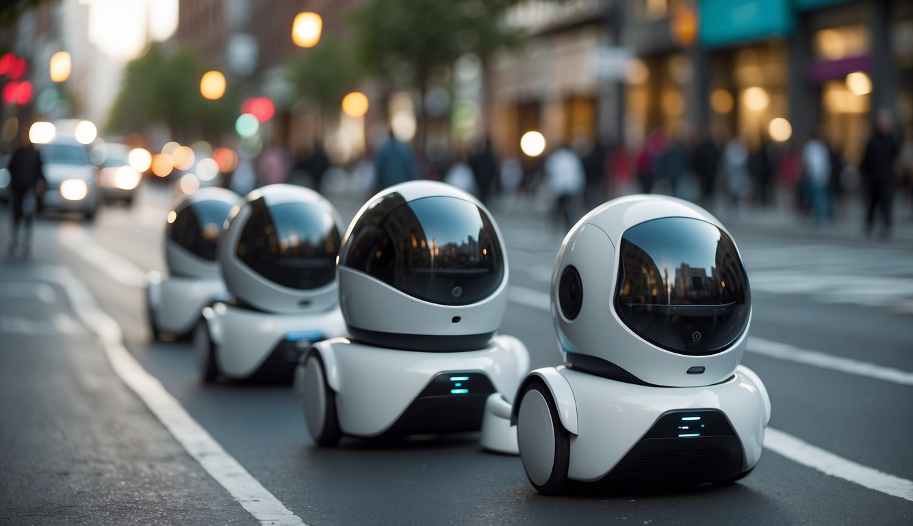 A fleet of autonomous delivery robots and drones navigate a bustling urban landscape, seamlessly weaving through pedestrian traffic and avoiding obstacles