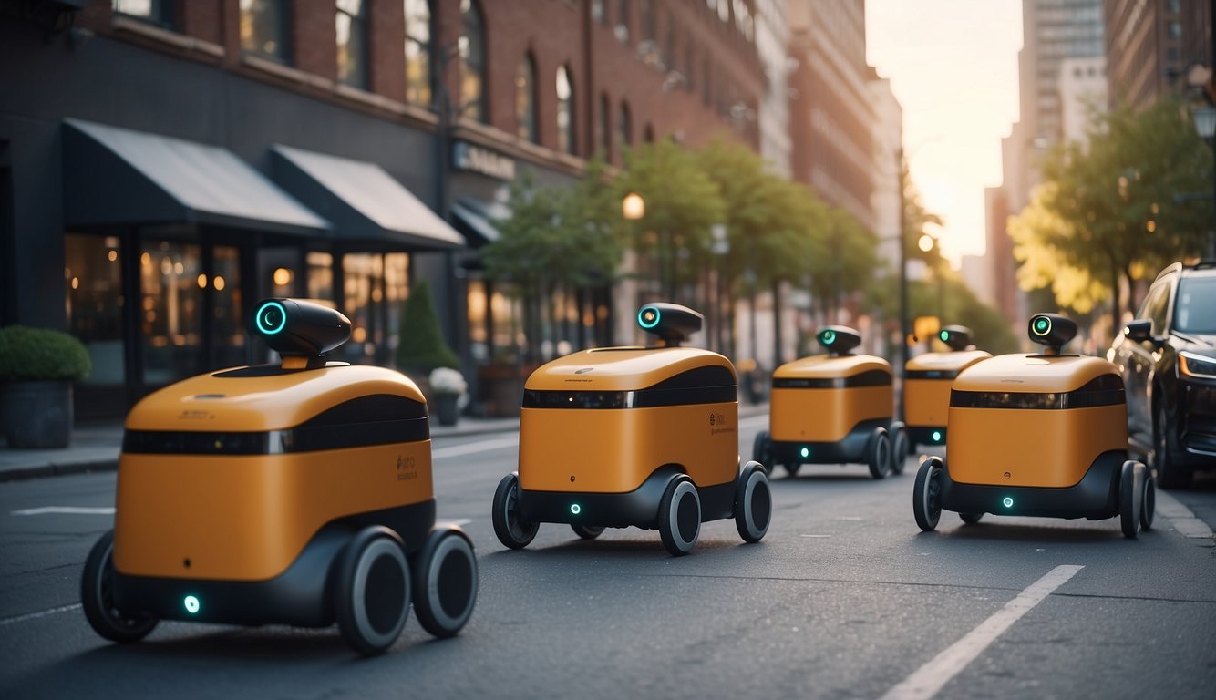 A fleet of autonomous delivery robots and drones navigate a bustling urban landscape, seamlessly avoiding obstacles and efficiently delivering packages to their designated destinations