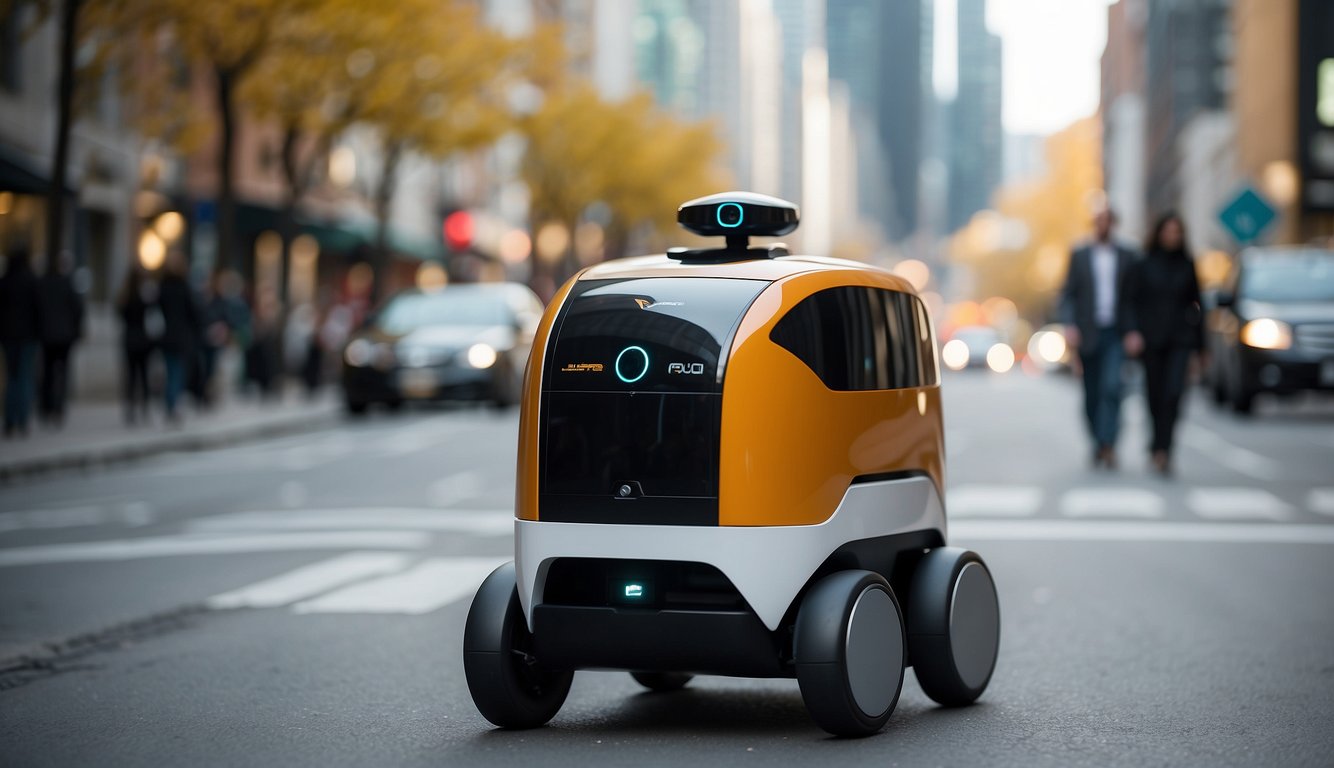 An autonomous delivery robot navigates a busy city street, avoiding obstacles and interacting with pedestrians. A drone hovers above, scanning the area for potential delivery routes