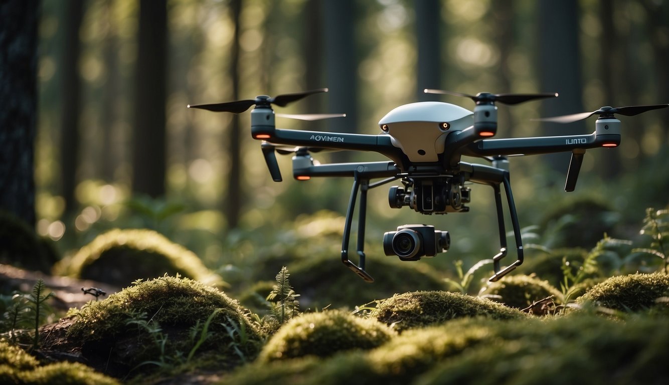 A forest landscape with various wildlife species interacting. A drone hovers above, collecting data. AI algorithms process information for conservation efforts