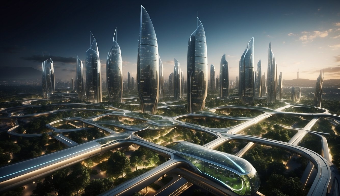 A futuristic cityscape with sleek, interconnected buildings, green spaces, and efficient public transportation systems. Advanced technology is integrated into every aspect of urban life, from smart grids to autonomous vehicles