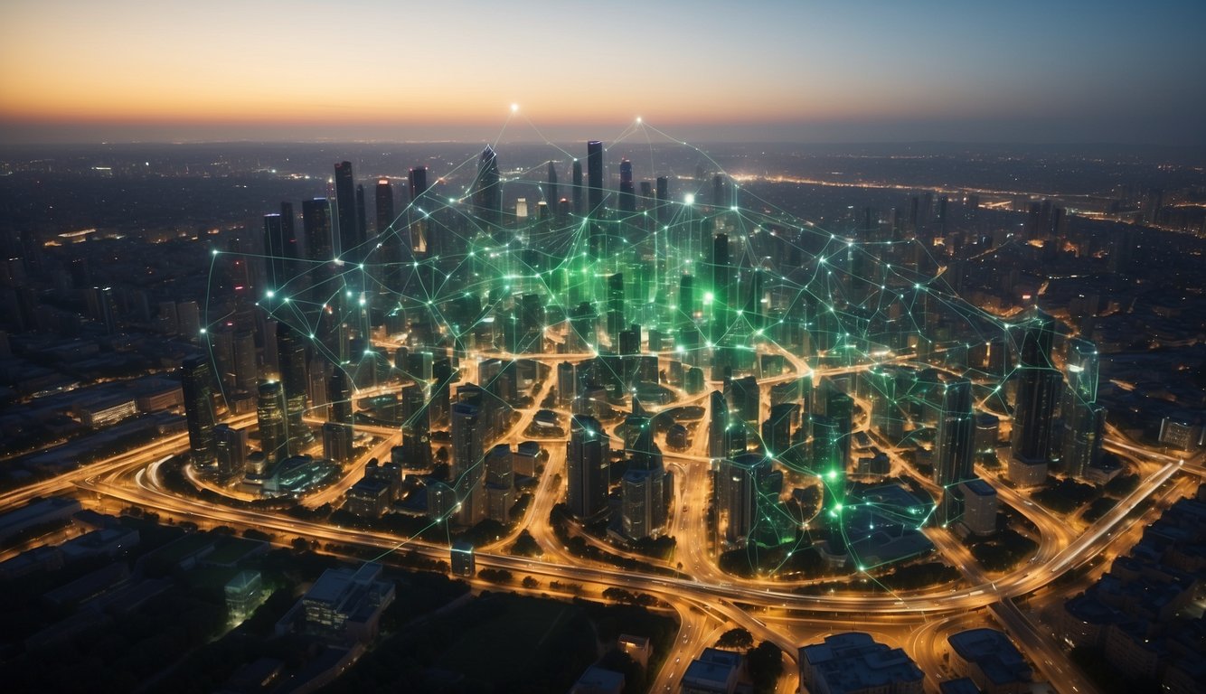 A city skyline with interconnected digital networks, sensors, and green infrastructure, emphasizing security, privacy, and ethical considerations in urban planning