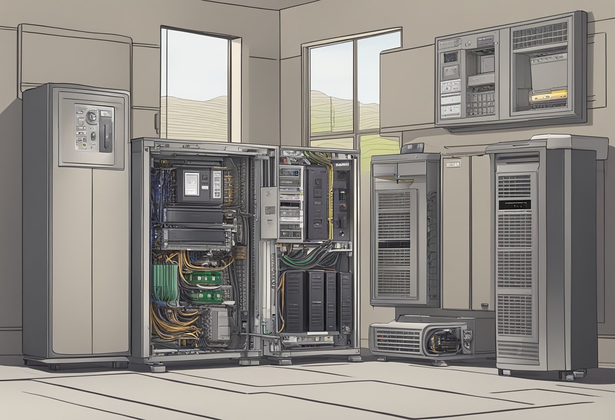 A UPS system with a high-quality battery, surrounded by electronic devices, cables, and a power outlet. The battery is the focal point, emphasizing its importance for uninterrupted power supply