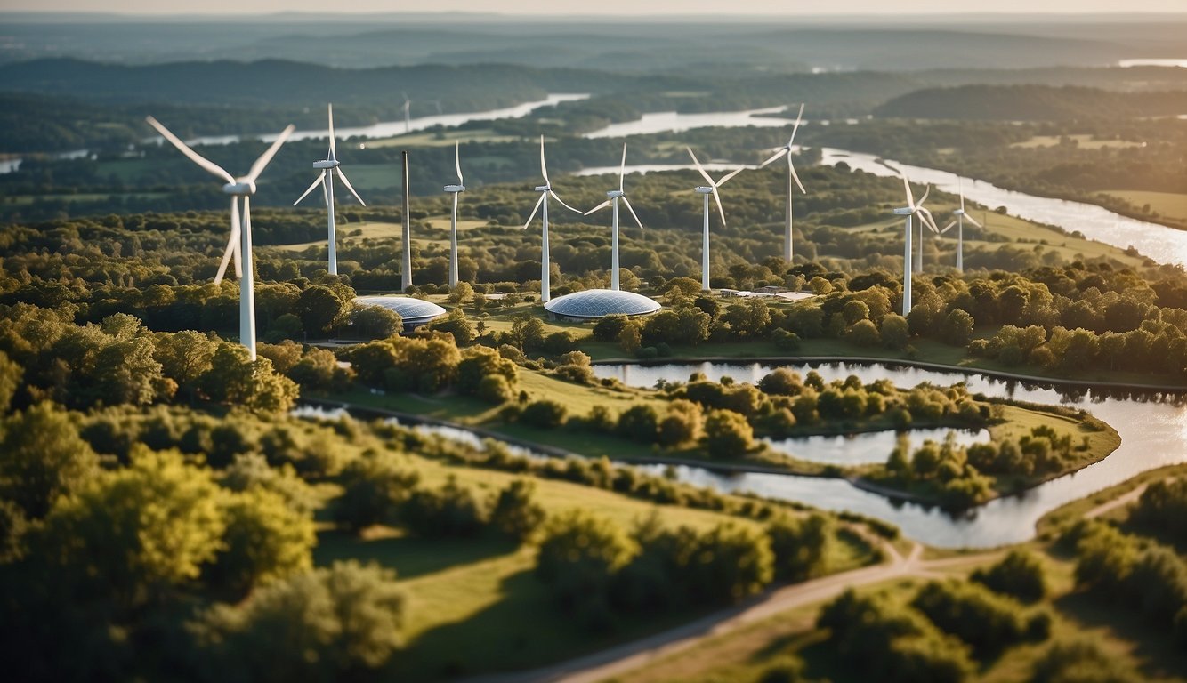 A bustling city skyline with wind turbines and solar panels, surrounded by lush greenery and clean, flowing waterways