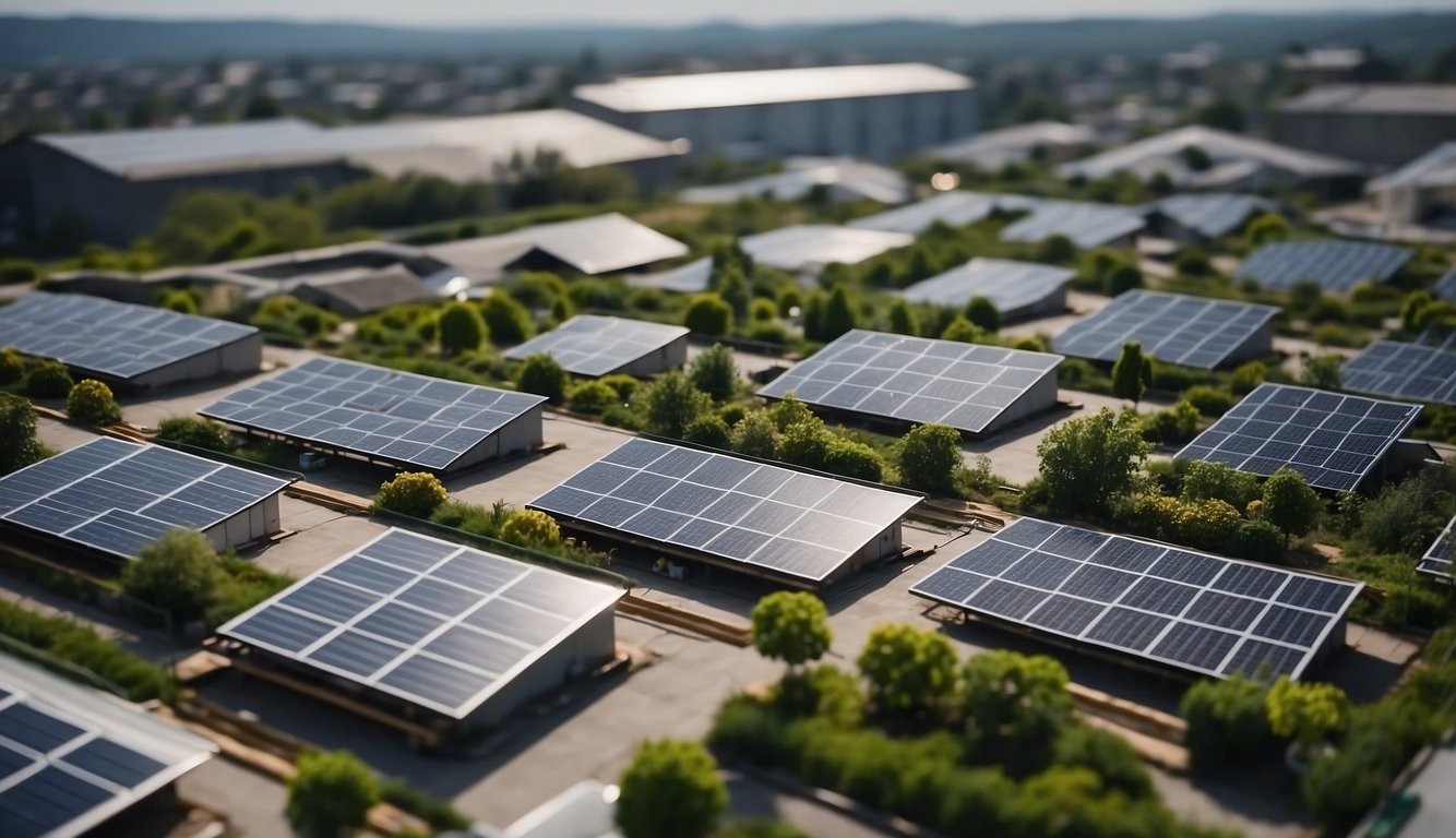 A bustling city skyline with solar panels on rooftops, wind turbines in the distance, and electric vehicles on the streets. A contrast of traditional and green technology