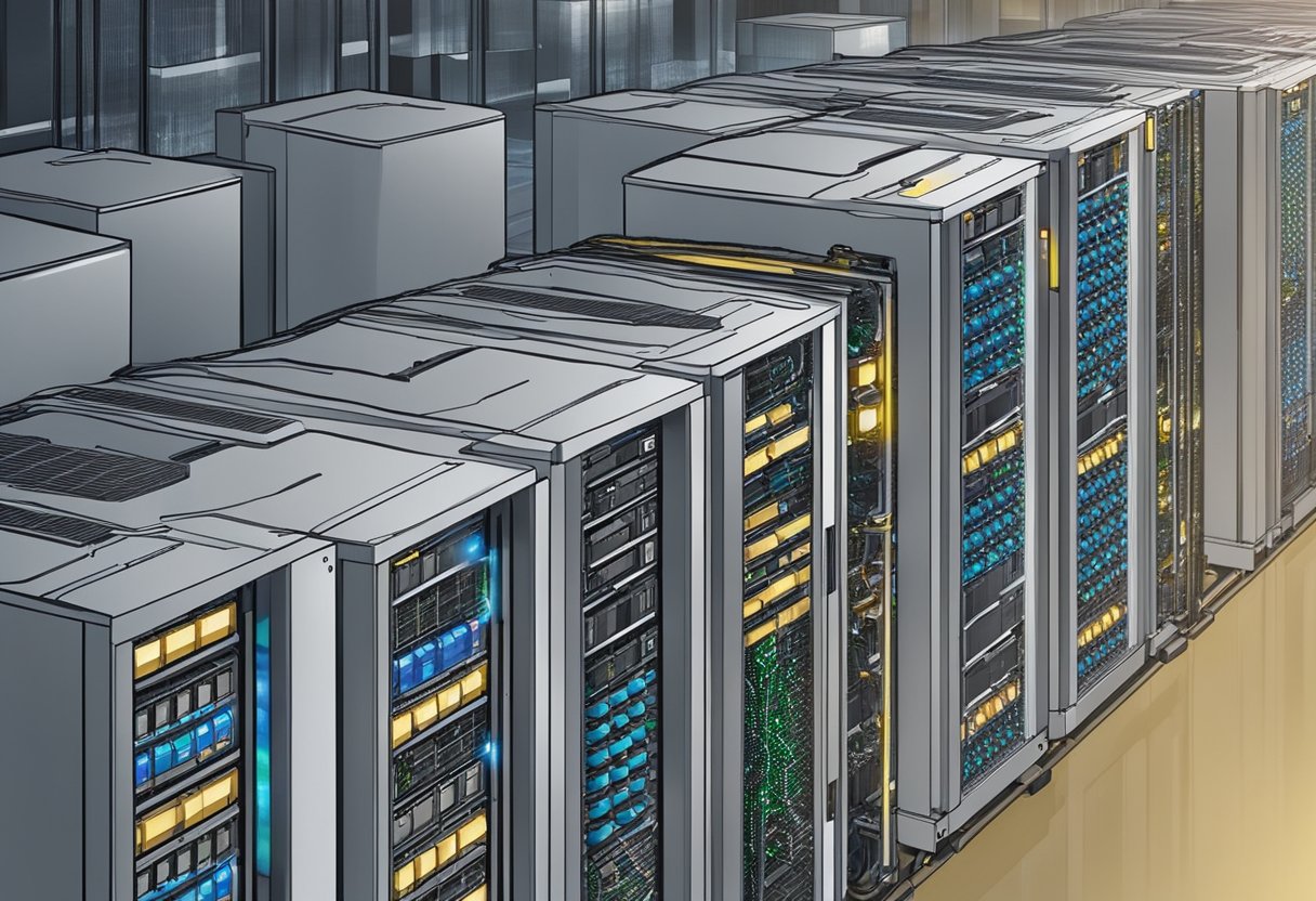 A network of interconnected servers and data storage units, with multiple UPS systems in place, ensuring continuous power supply for business data