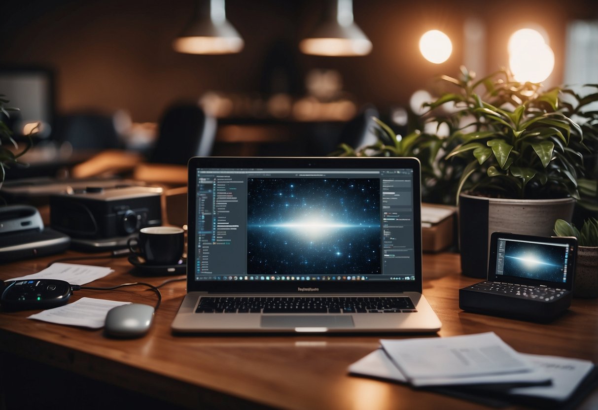 A cluttered desk with a laptop open to a video conference, surrounded by various digital tools for remote team communication and organization