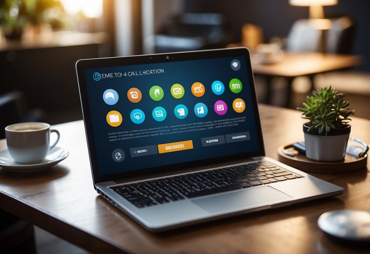 A laptop with a "Call to Action" button displayed on the screen, surrounded by communication icons and a remote team collaborating virtually