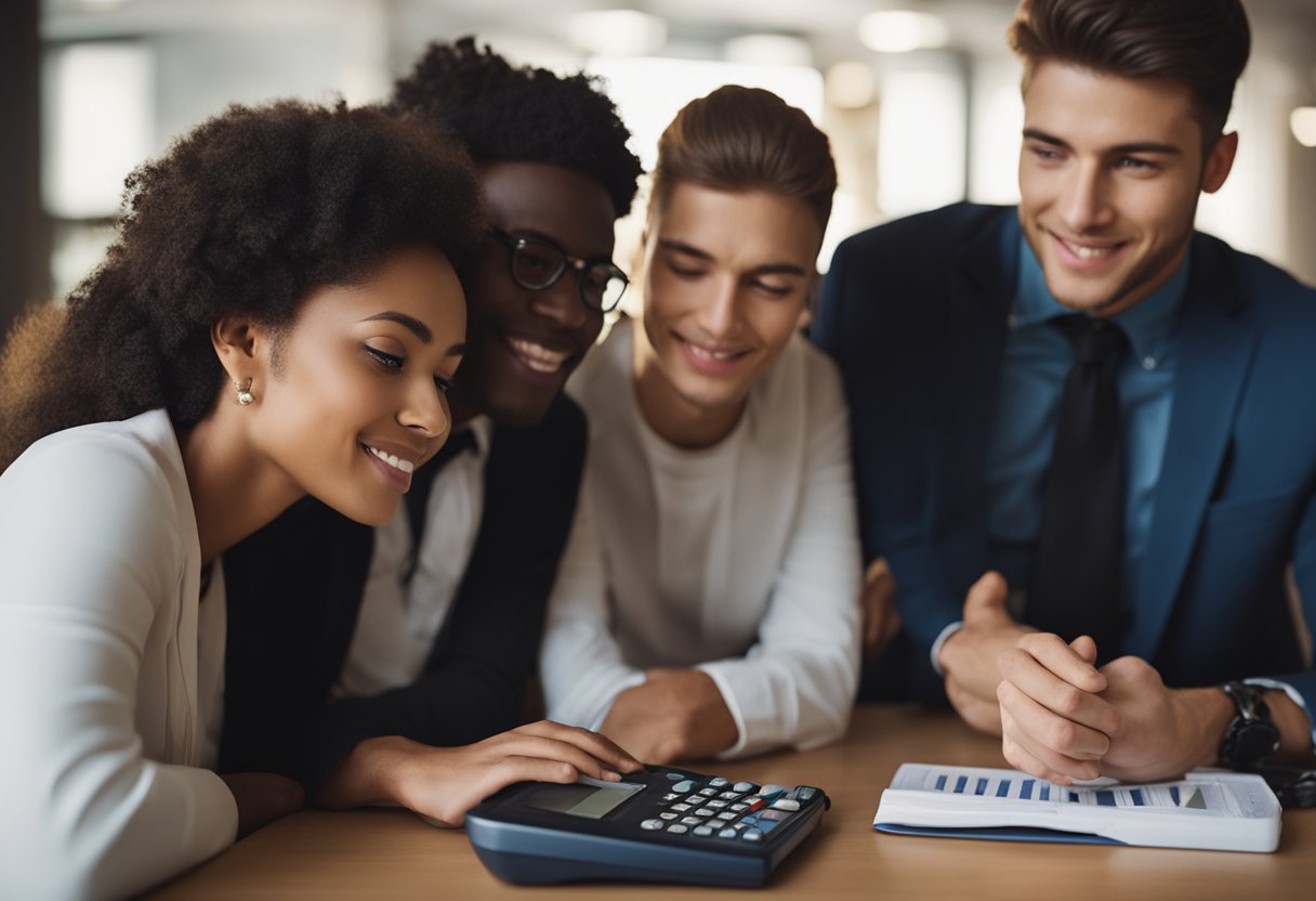 A group of young people gather around a tax calculator, discussing and inputting numbers. The atmosphere is lively and engaging, with a sense of collaboration and learning