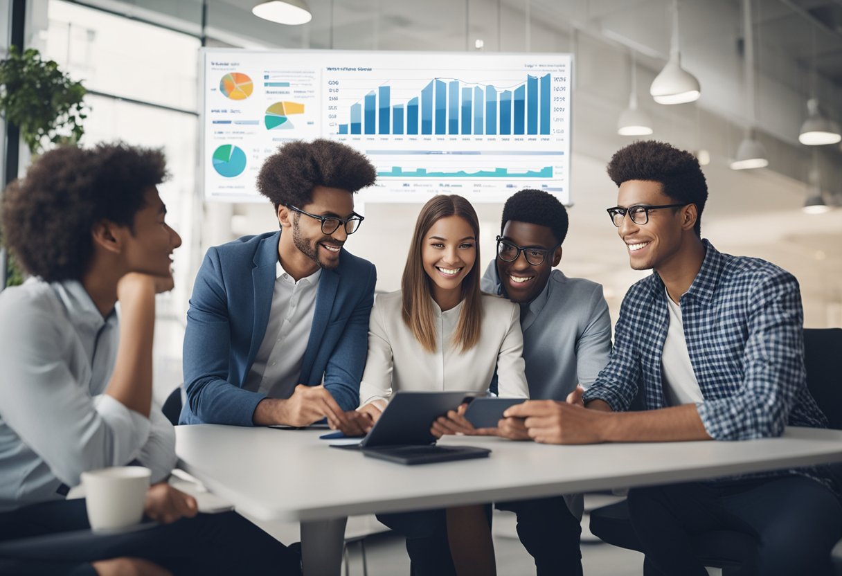 A group of young people gather around a tax calculator, discussing and learning about taxes. Charts and graphs are displayed on the walls, illustrating different tax concepts