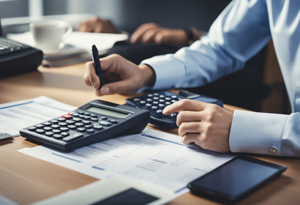 A young person sits at a desk with a tax calculator, entering numbers and calculating taxes. The calculator's screen displays various financial figures