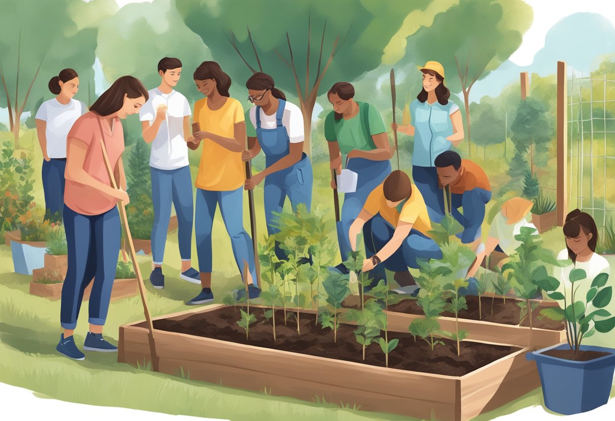 A group of young people planting trees in a community garden, symbolizing their active role in nurturing and shaping the future of society