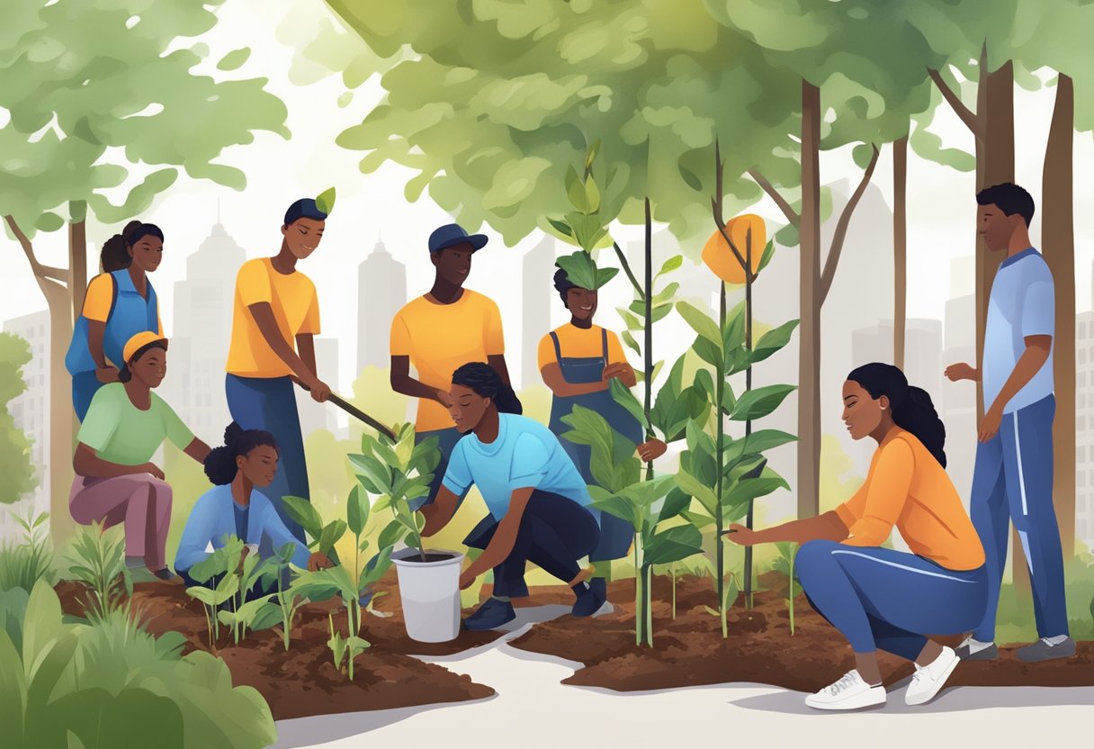 A group of diverse young people planting trees, building sustainable infrastructure, and engaging in community initiatives for inclusive growth