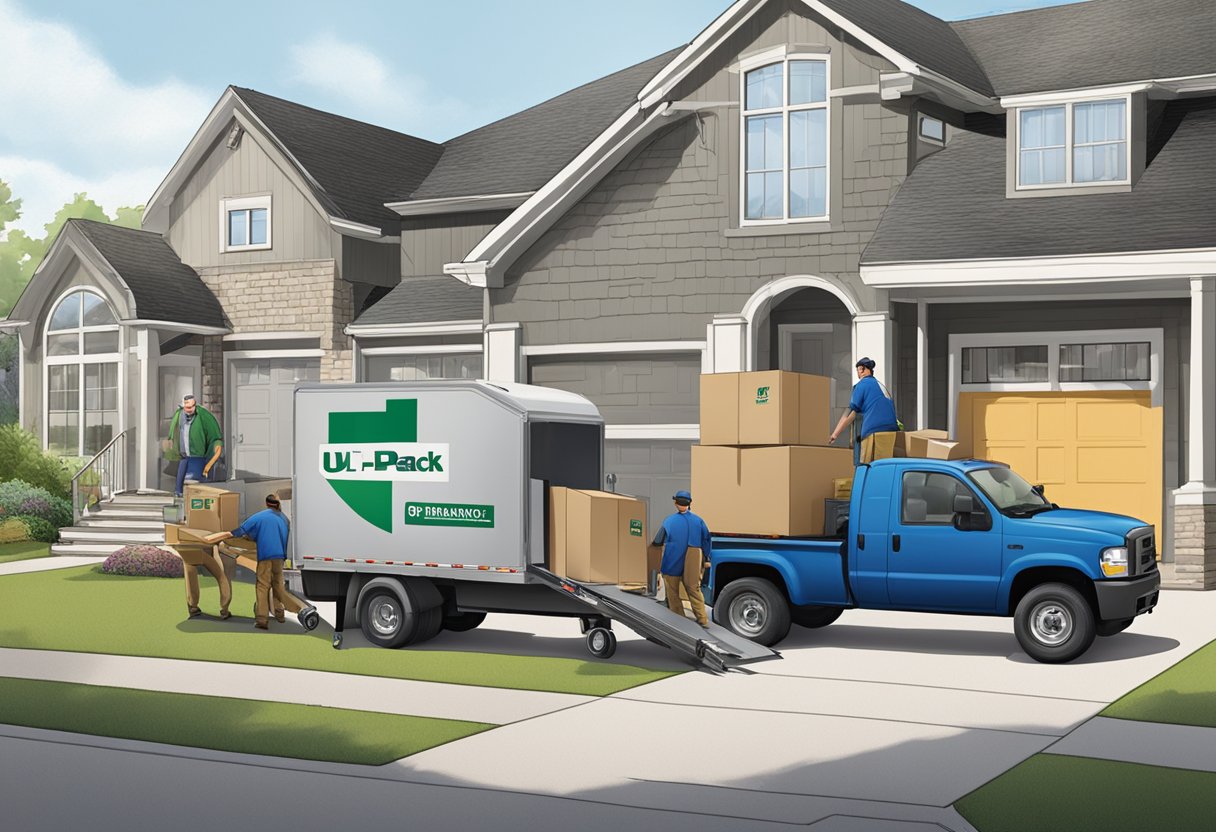 A U-Pack truck parked outside a home, with workers loading furniture onto a ramp. Clear U-Pack branding visible on the truck