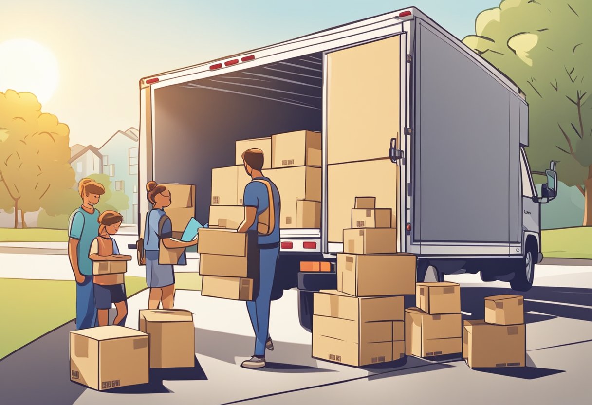 A family packs boxes into a moving truck. A budget spreadsheet and calculator sit nearby. The sun shines on a "Cost-Effective Move" guidebook