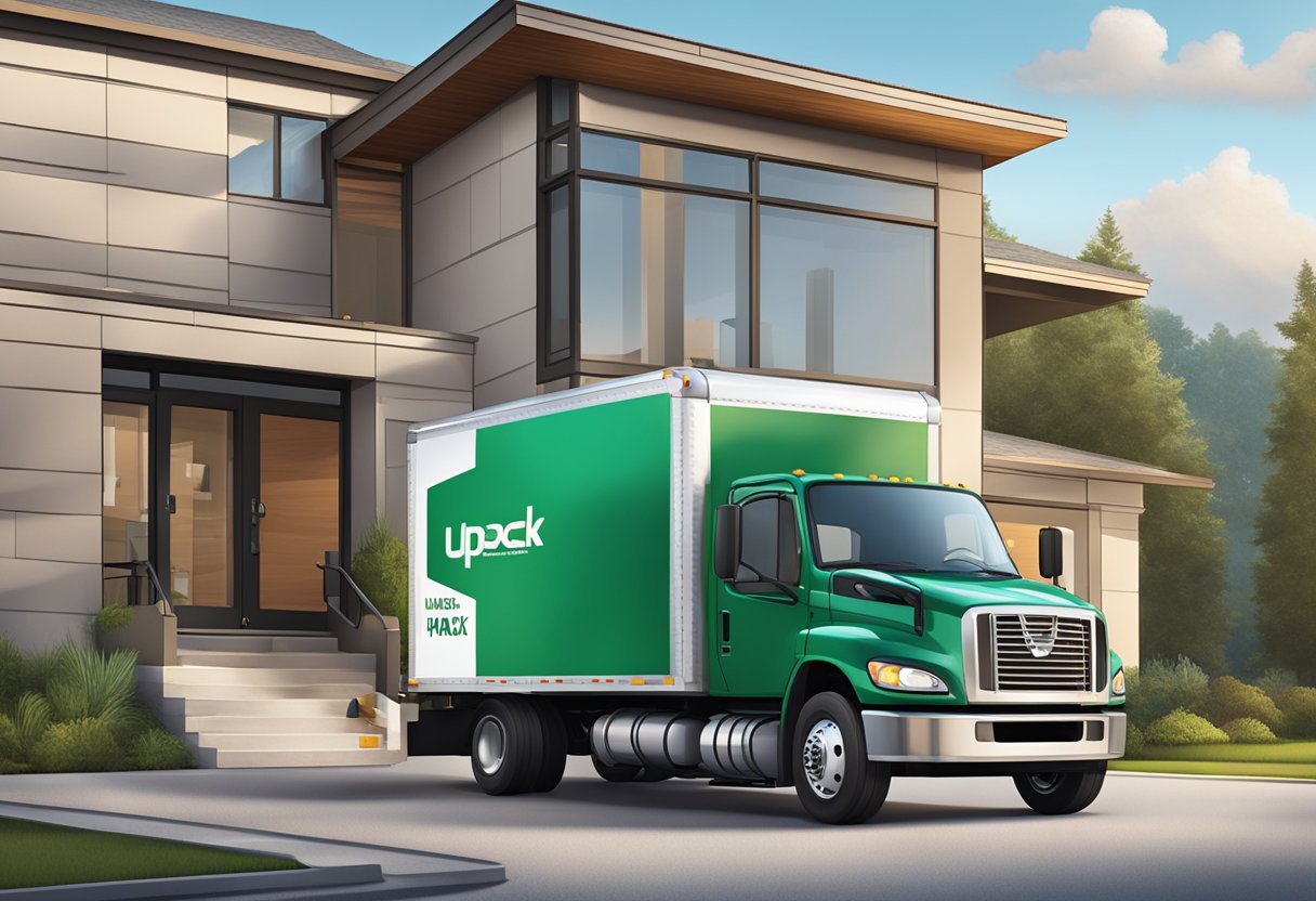 A delivery truck pulls up to a modern home, unloading sleek furniture. A U-Pack logo is prominently displayed on the side of the truck, as workers effortlessly move the items into the house