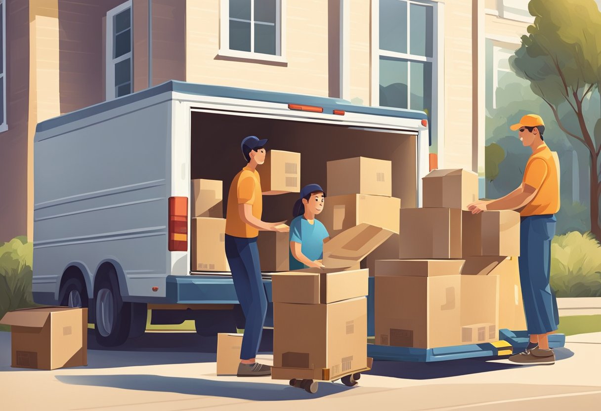 A family carefully packs boxes and furniture into a moving truck, taking advantage of the early morning light to save on moving costs