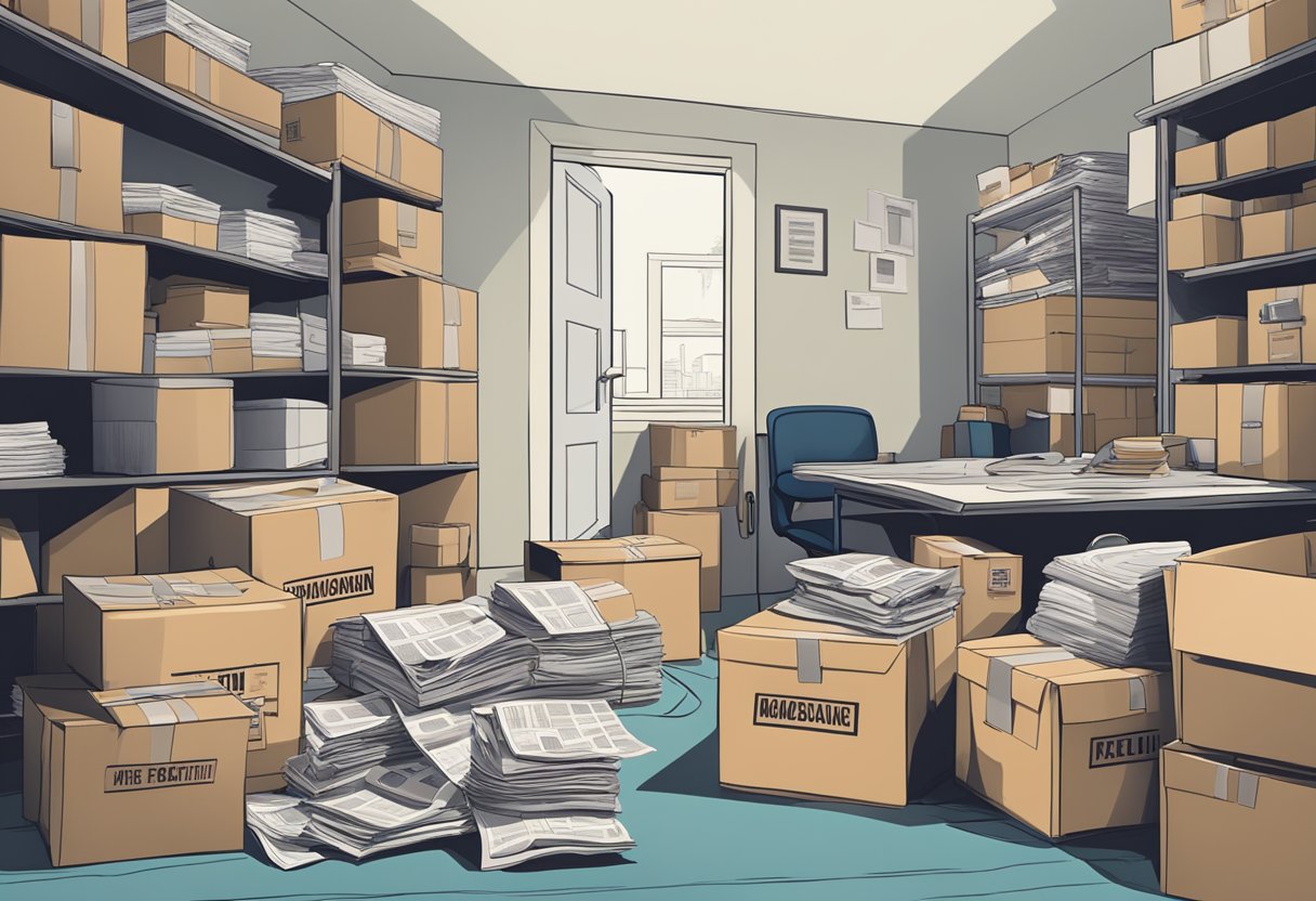 A cluttered room with labeled boxes, a stack of newspapers for wrapping, and a tape dispenser on a table. A moving truck is parked outside