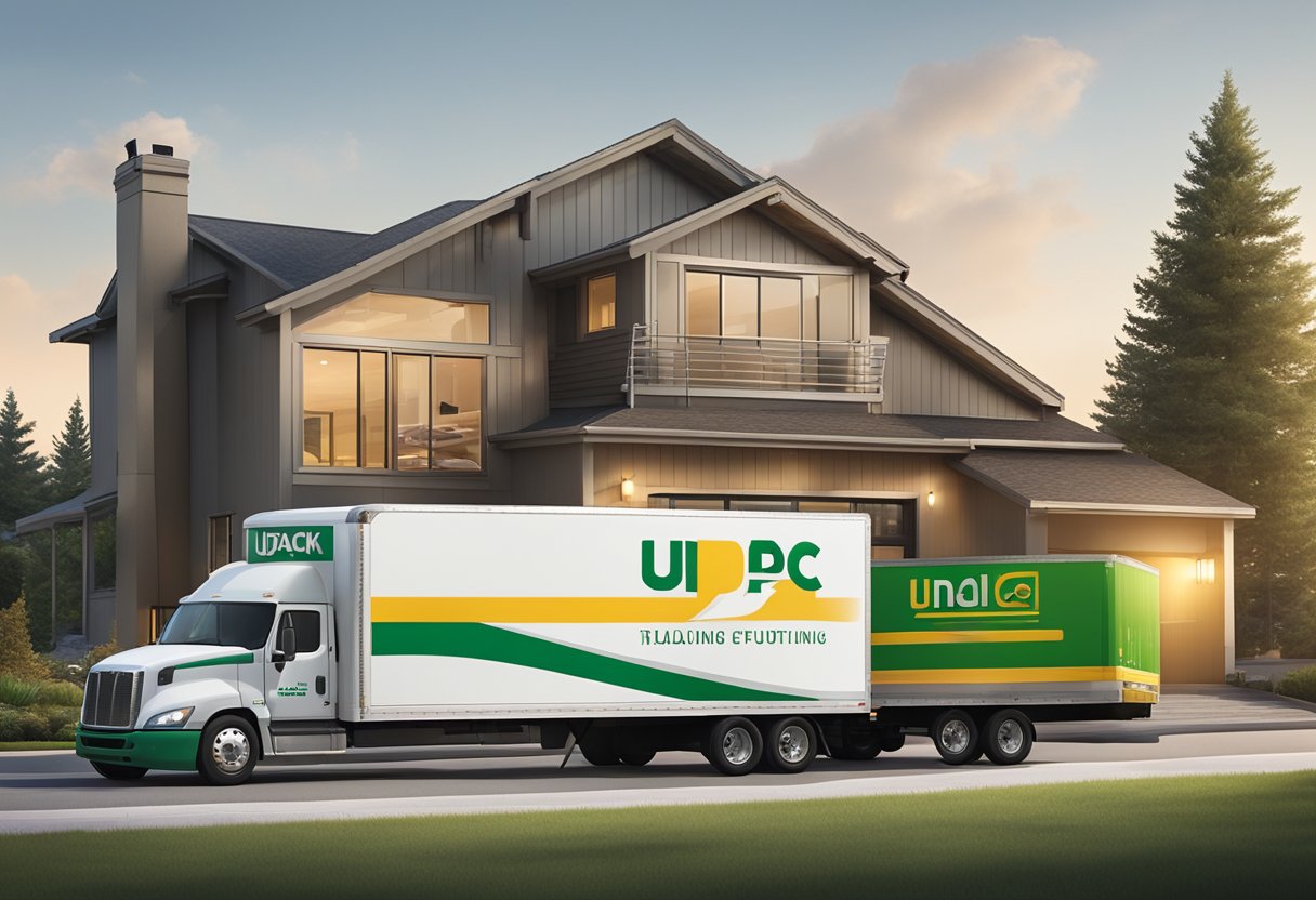 A delivery truck pulls up to a modern home, unloading sleek furniture boxes. A U-Pack logo is prominently displayed on the side of the truck