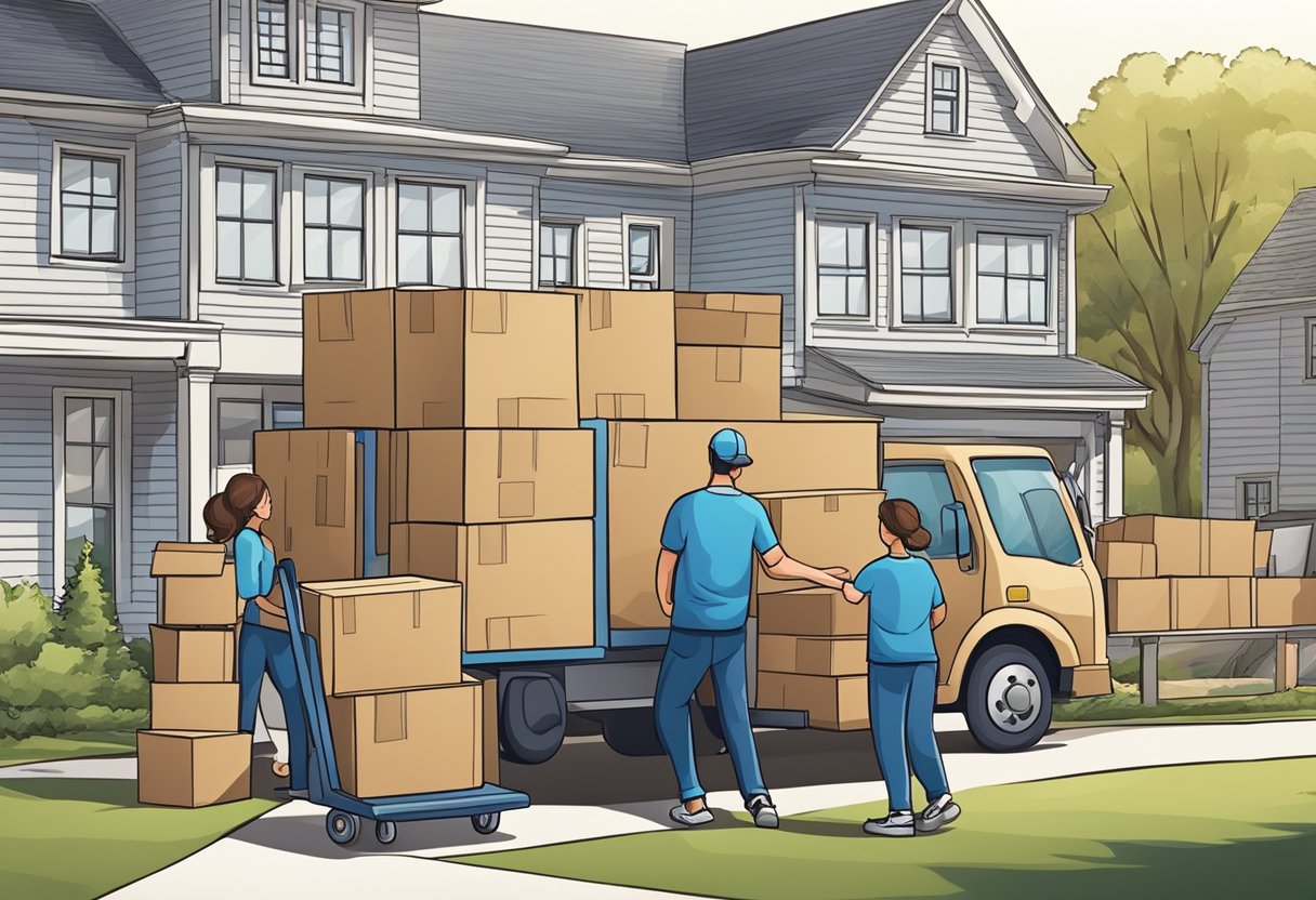 A moving truck loaded with boxes and furniture, parked in front of a new home. A family is unloading items while movers assist