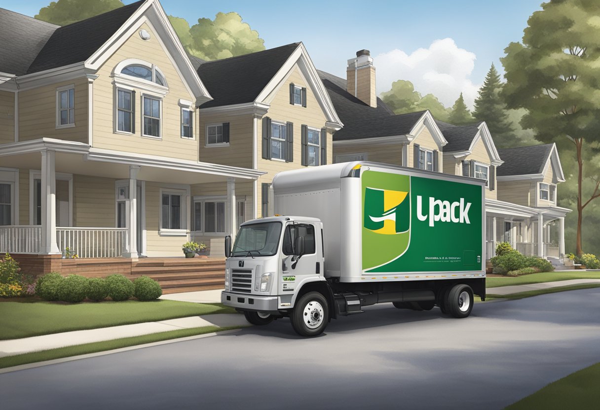 A U-Pack truck pulls up to a residential home, where movers effortlessly load furniture into the back. The U-Pack logo is prominently displayed on the side of the truck