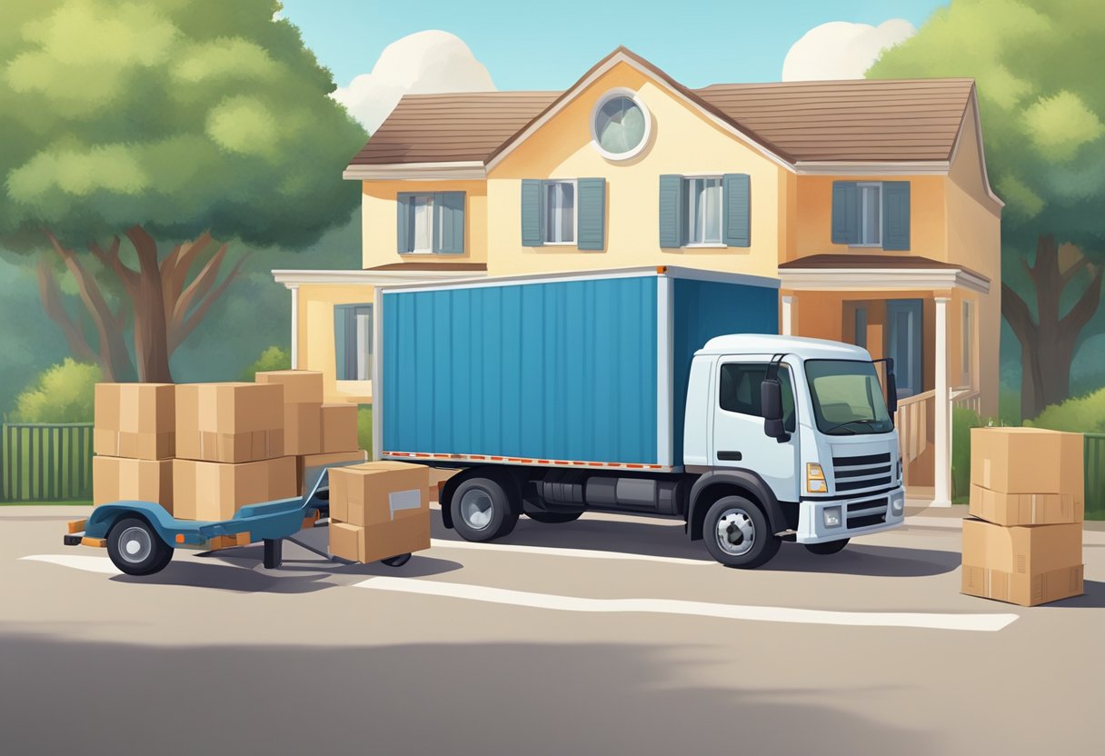 A moving truck parked outside a small house, boxes neatly stacked on a dolly, a moving team efficiently loading items into the truck