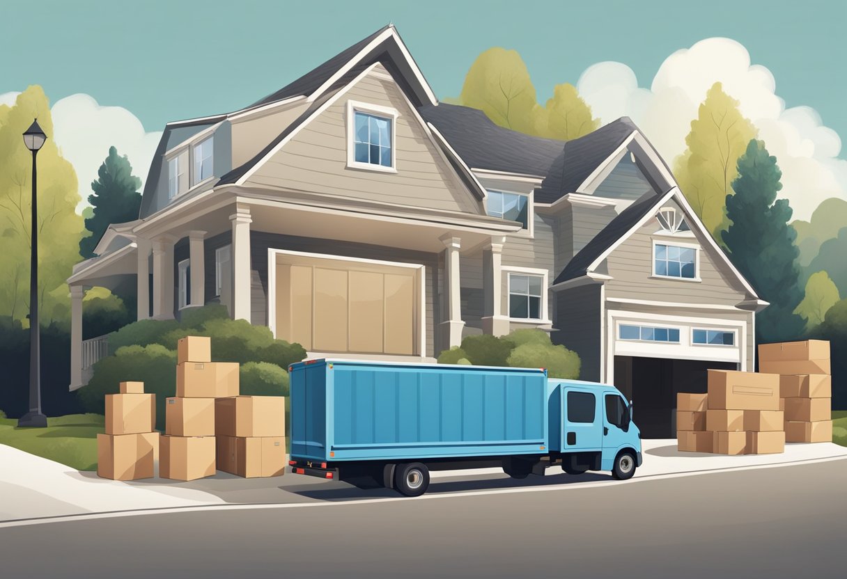 A moving truck parked outside a house, with boxes being loaded onto it. A moving team efficiently works to pack and load items, minimizing labor costs