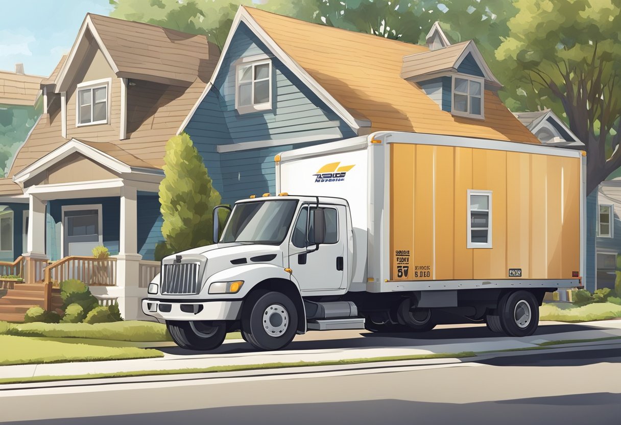 A moving truck parked outside a modest home, with boxes being loaded onto a ramp. A couple of movers are carefully stacking the boxes inside the truck. The sun is shining, and the surrounding neighborhood is quiet