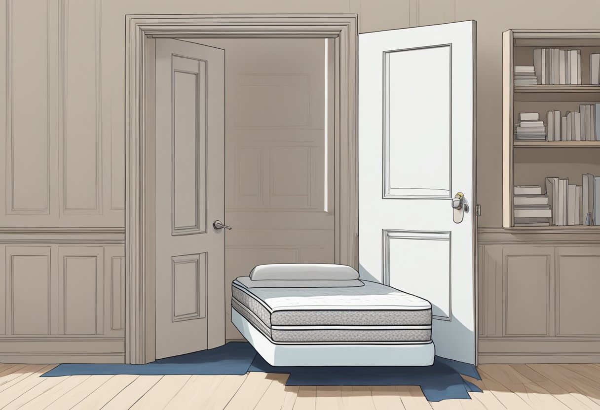 A mattress being carefully maneuvered through a narrow doorway with the help of a step-by-step guide