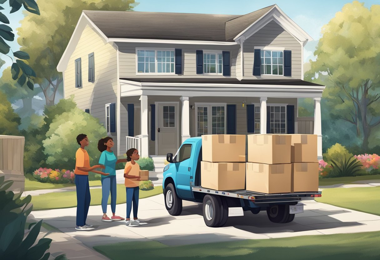 A moving truck parked outside a modest home, with boxes being loaded onto the truck by movers. A family stands nearby, discussing the move