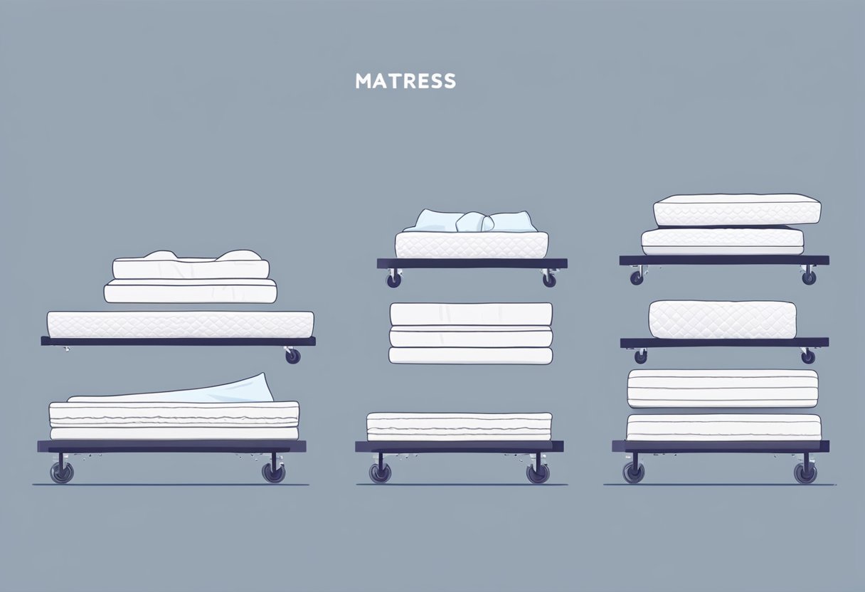 Different mattresses being lifted and carried using proper techniques. Step-by-step guide showing methods for moving various mattress types