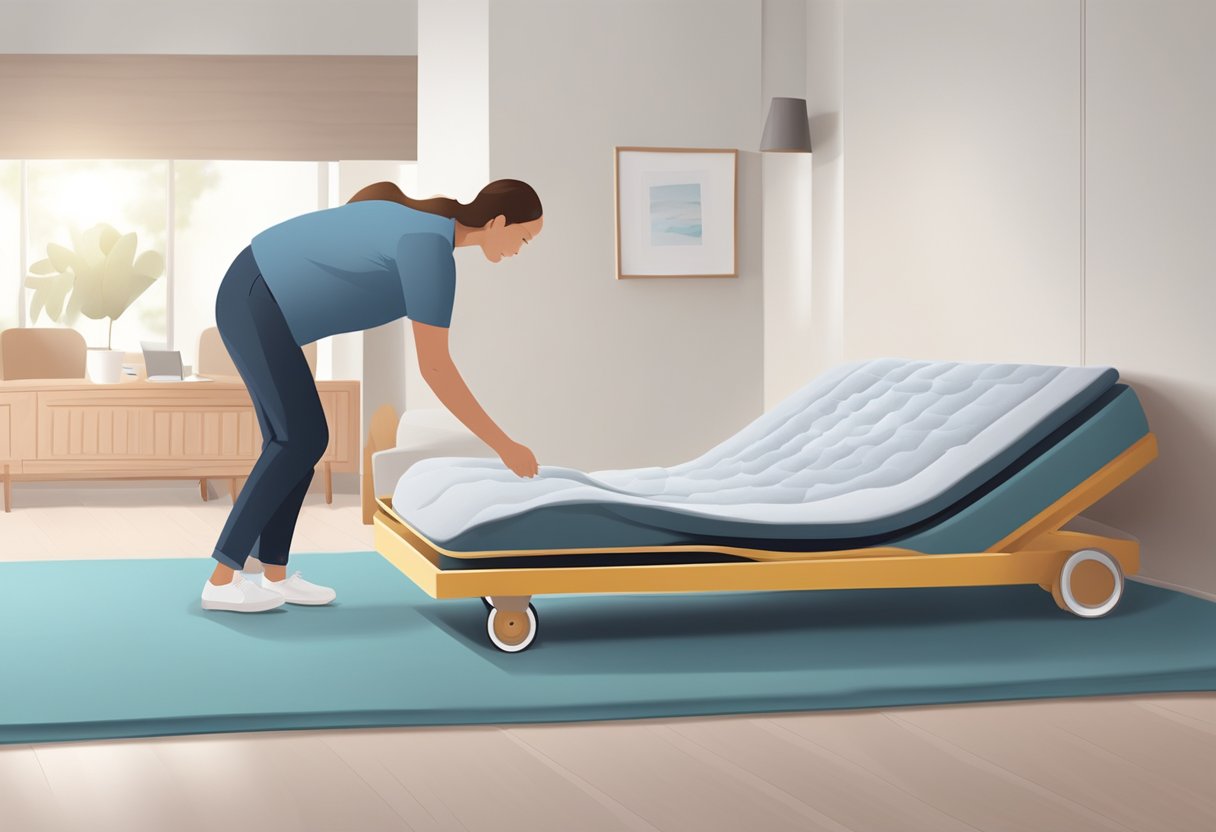 A mattress slides across the floor on a dolly. A person pushes it with one hand while steadying it with the other