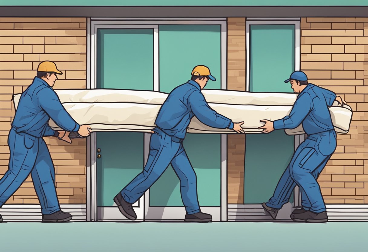 A team of movers carefully lift and maneuver a mattress through a narrow doorway, following a step-by-step guide for emergency planning and problem resolution