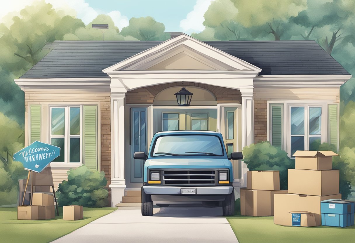 A spacious house with furniture being packed into boxes, a moving truck parked outside, and a sign reading "Welcome to Your New Apartment" on the door