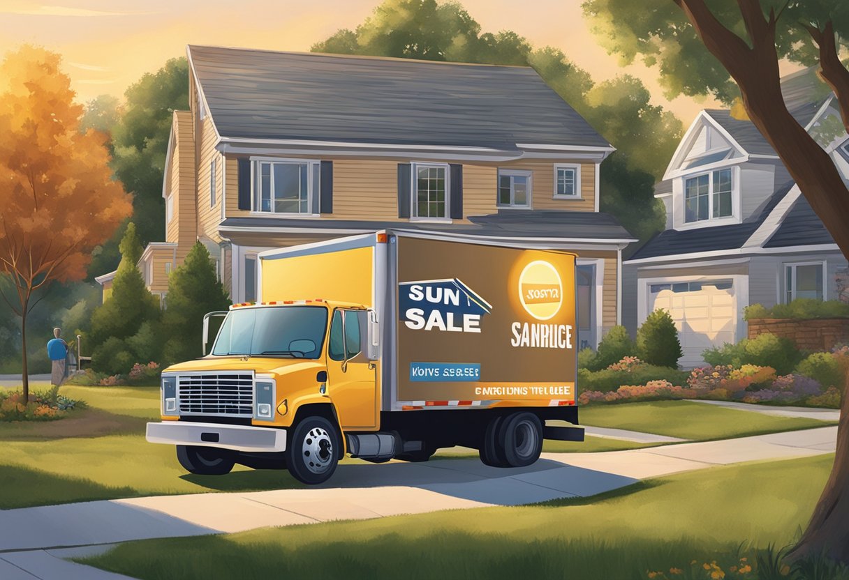 A moving truck parked outside a suburban home, with boxes being loaded onto it. A sign on the lawn reads "Moving Sale." The sun is setting in the background, casting a warm glow over the scene