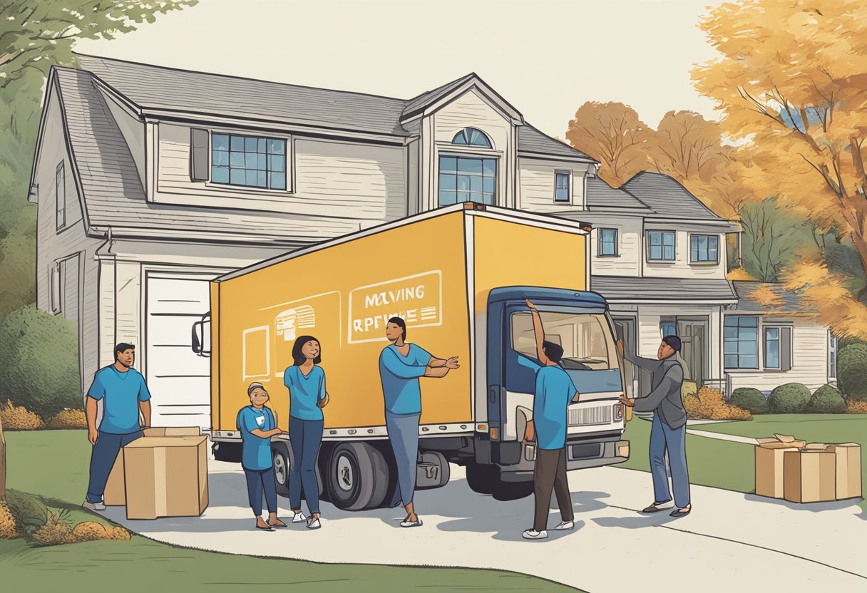 A family stands in front of a house, surrounded by moving boxes. A moving truck with a reputable company logo is parked in the driveway. An expert advisor gestures towards the truck, offering advice for a smooth move