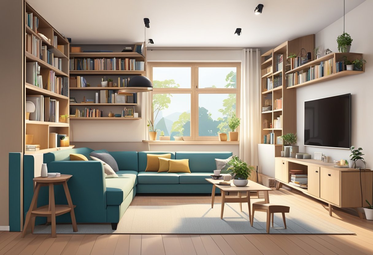 A living room with a cozy sofa, coffee table, and bookshelves. A small dining area with a compact table and chairs. Storage solutions like wall-mounted shelves and under-bed organizers